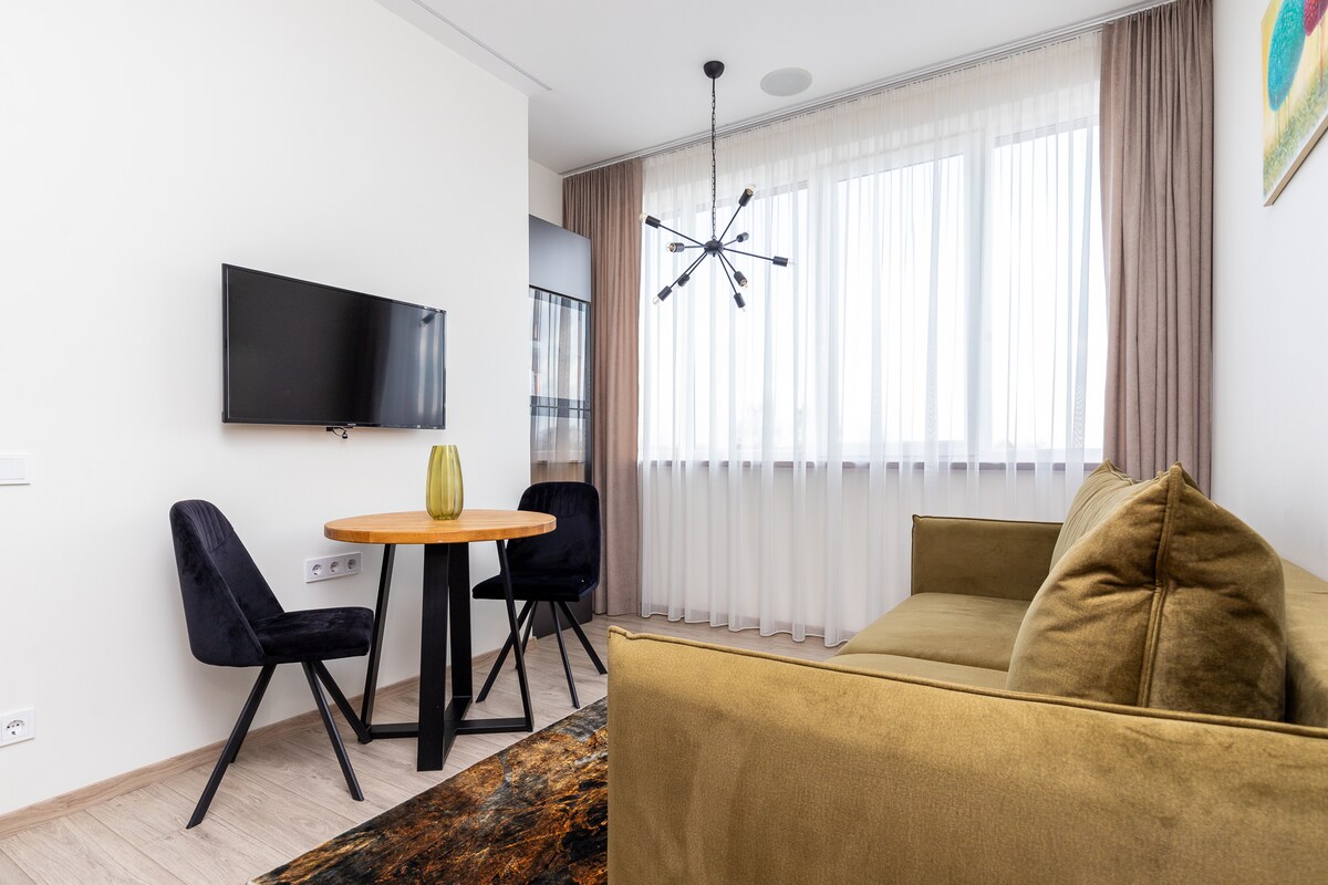 The living area includes a comfortable sofa and a round dining table with two chairs. A wall-mounted television is positioned near a large window dressed with sheer curtains that allow natural light to fill the space. An artistic wall piece adds color to the room.