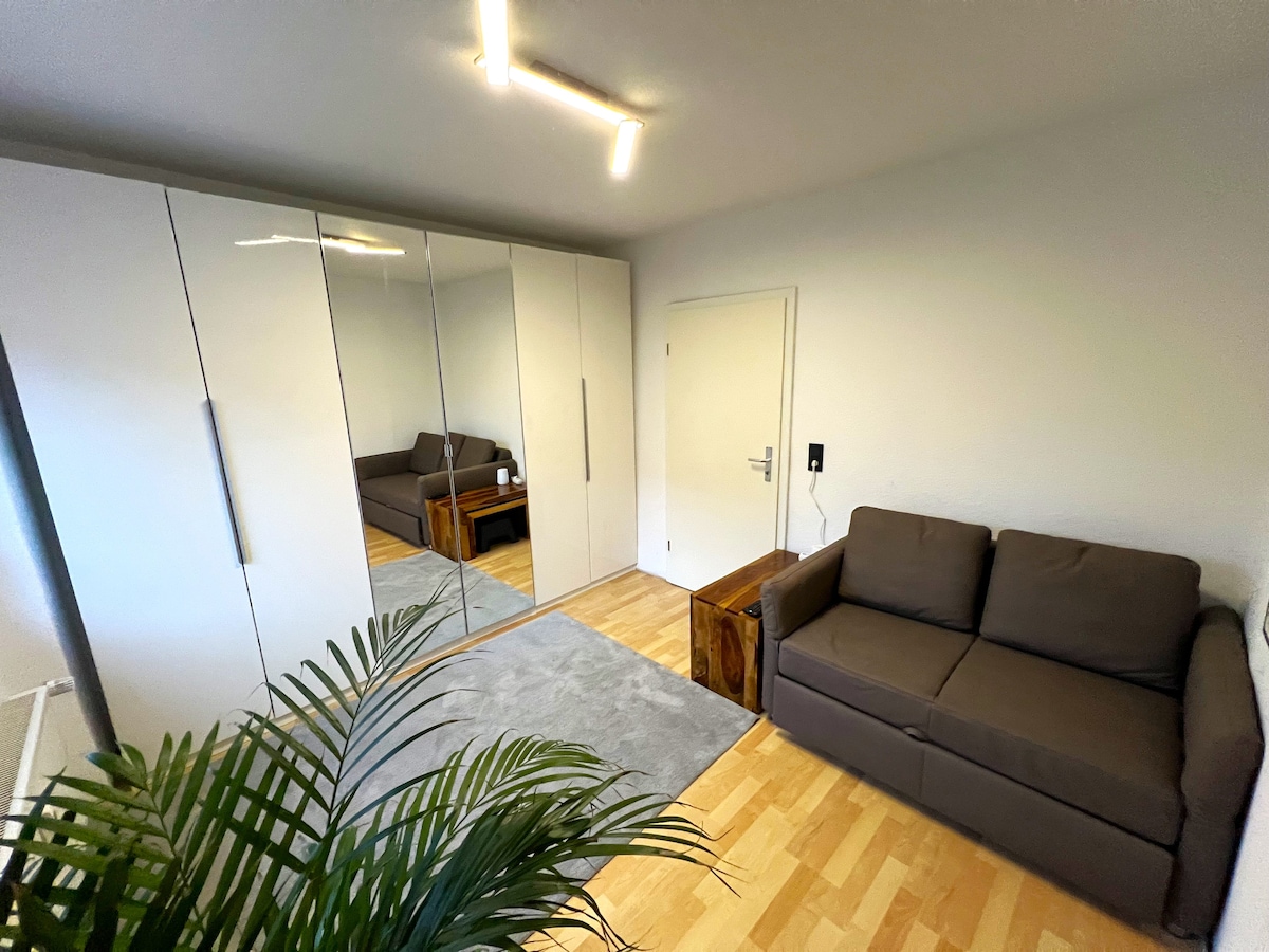 A spacious living area is featured with a modern designer couch and a wooden side table. A large mirrored wardrobe reflects the light, enhancing the room's brightness. Natural wood flooring complements the neutral wall colour, creating a calming environment.