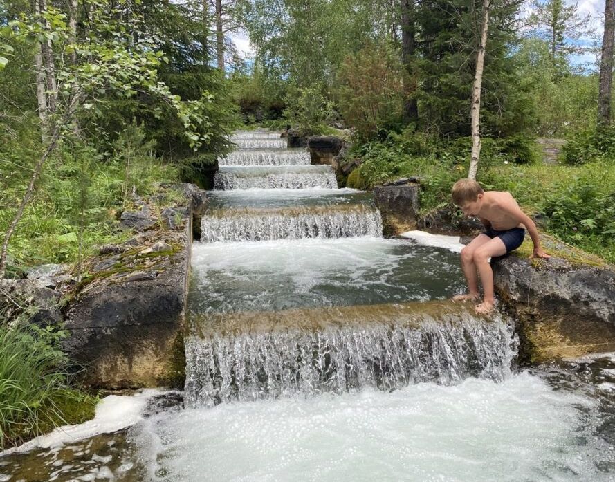 A serene natural setting features cascading water flowing down terraced stone steps, surrounded by lush greenery and trees. Soft sunlight filters through the leaves, creating a peaceful atmosphere by the stream.