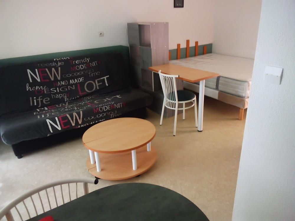 The main area includes a convertible sofa bed, a modest dining table, and a round coffee table on wheels. A bed frame is positioned nearby, with a simple headboard. The walls feature minimal decor, and natural light enters through a window.
