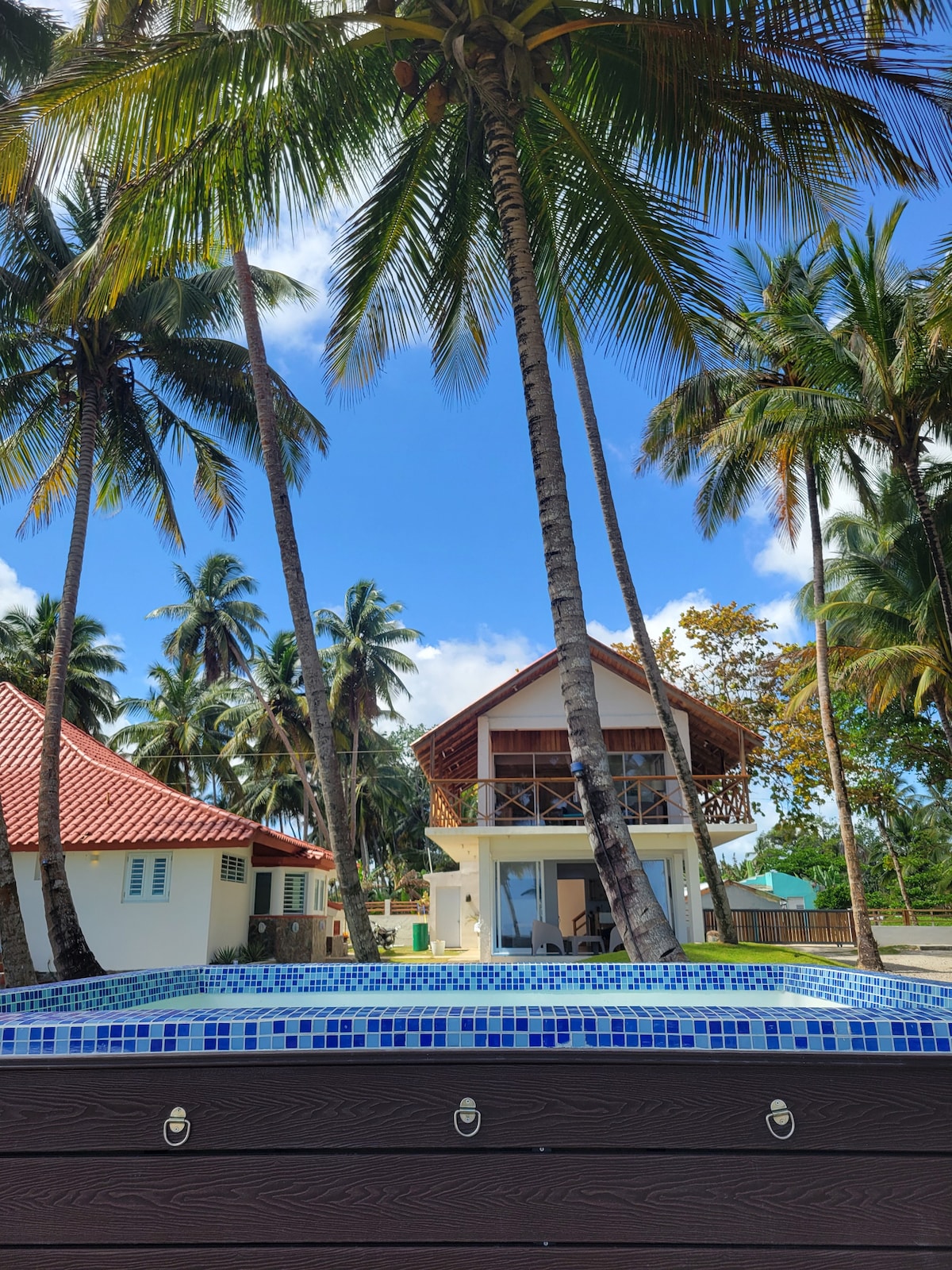 A shared backyard is visible, featuring a non-heated picuzzi surrounded by tall palm trees. Two villas can be seen in the background, with the one on the right displaying a spacious balcony. The sky is clear, indicating a bright and sunny day.