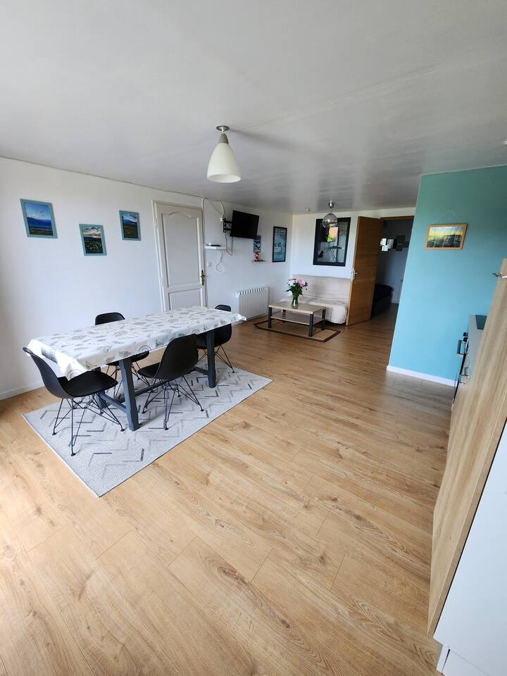 Zona de comedor abierta a la cocina
Sofá cama al fondo de la habitación
Televisor de pared
Todo confort