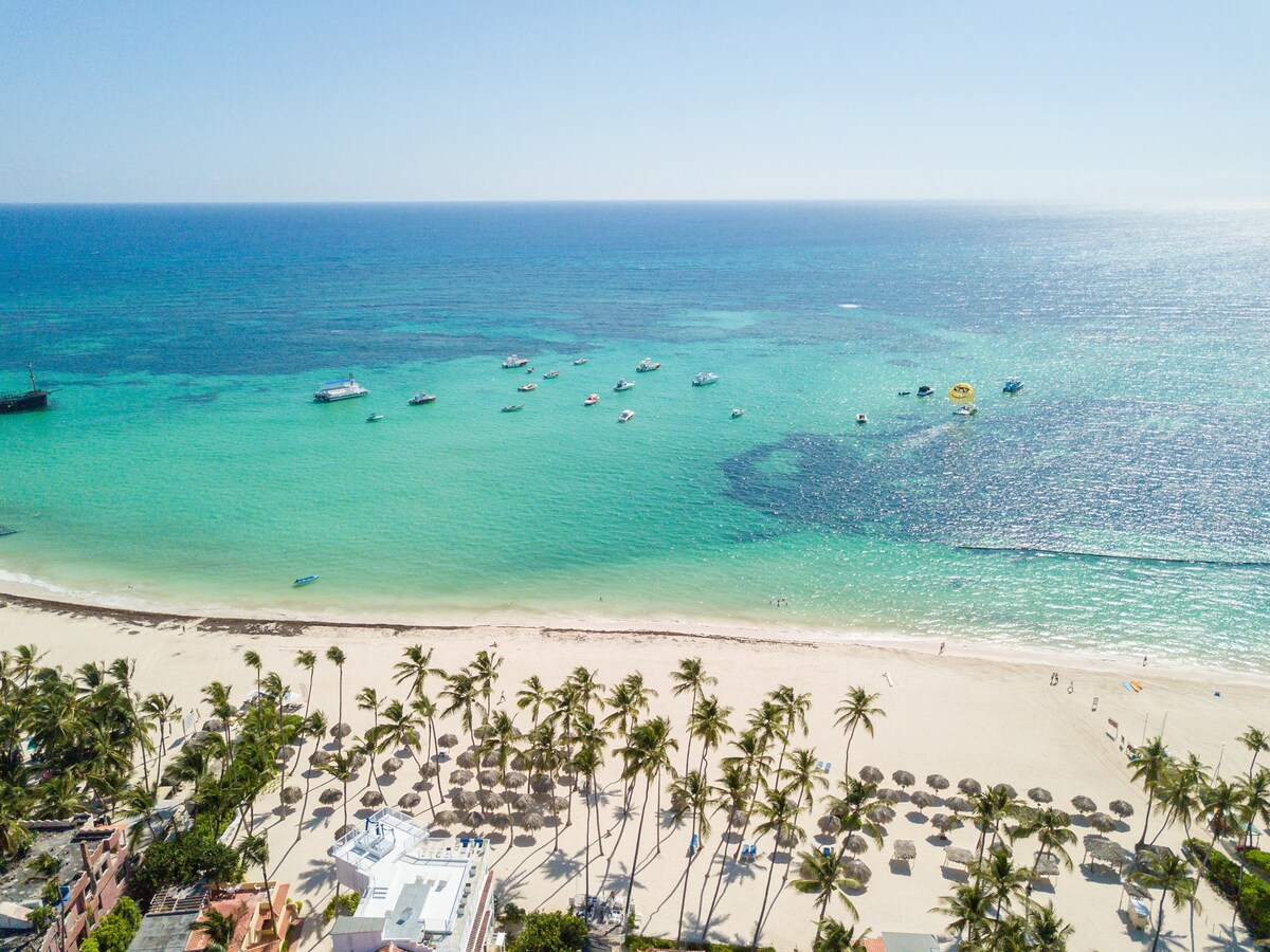An aerial view captures the serene Caribbean coastline, showcasing soft sandy beaches lined with palm trees. Calm, turquoise waters reflect sunlight, while several boats are seen anchored offshore. The inviting shoreline stretches into the distance, emphasizing the peaceful ambiance of the beachfront location.