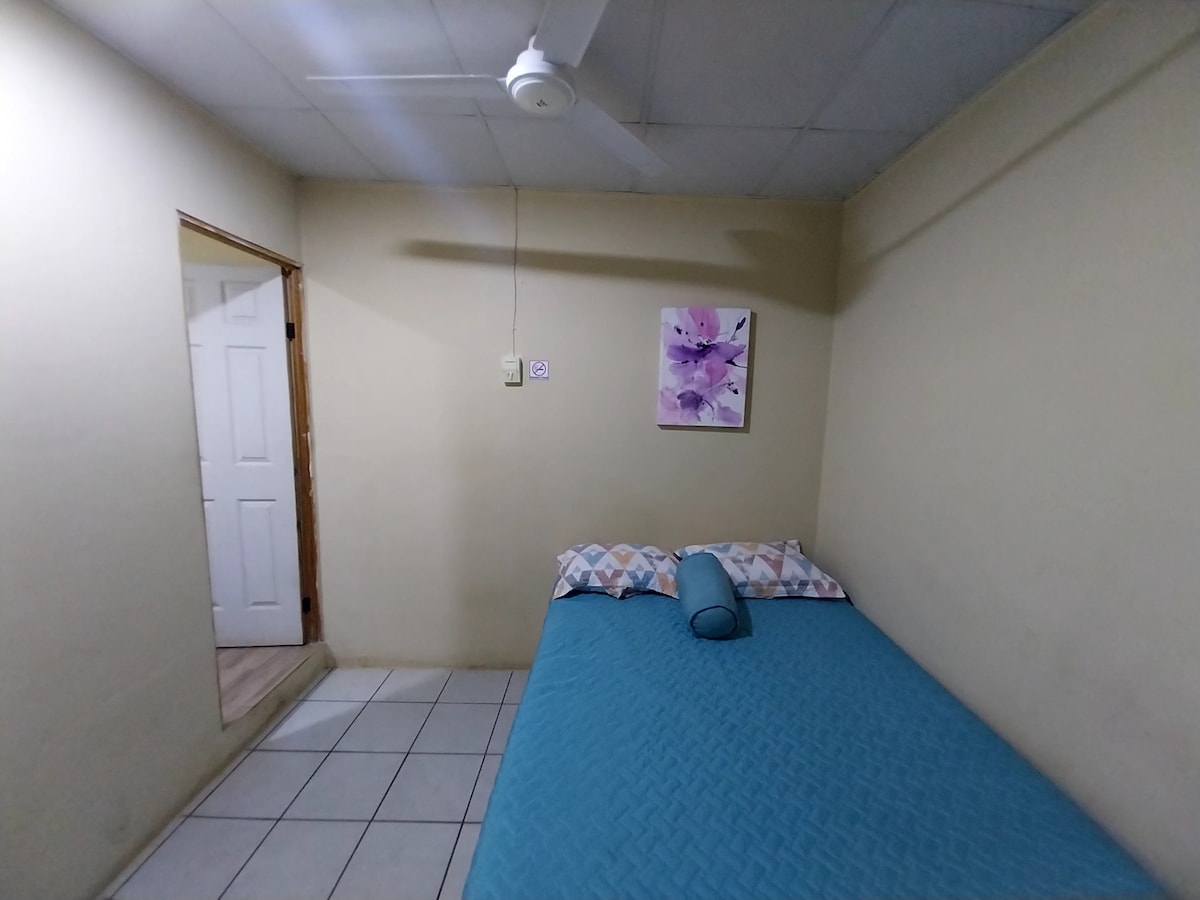 A simple bedroom is featured with light-colored walls and a tiled floor. A spacious bed covered in a blue blanket is positioned against the wall, complemented by patterned pillows. A piece of floral wall art adds a touch of color, while a ceiling fan provides air circulation.