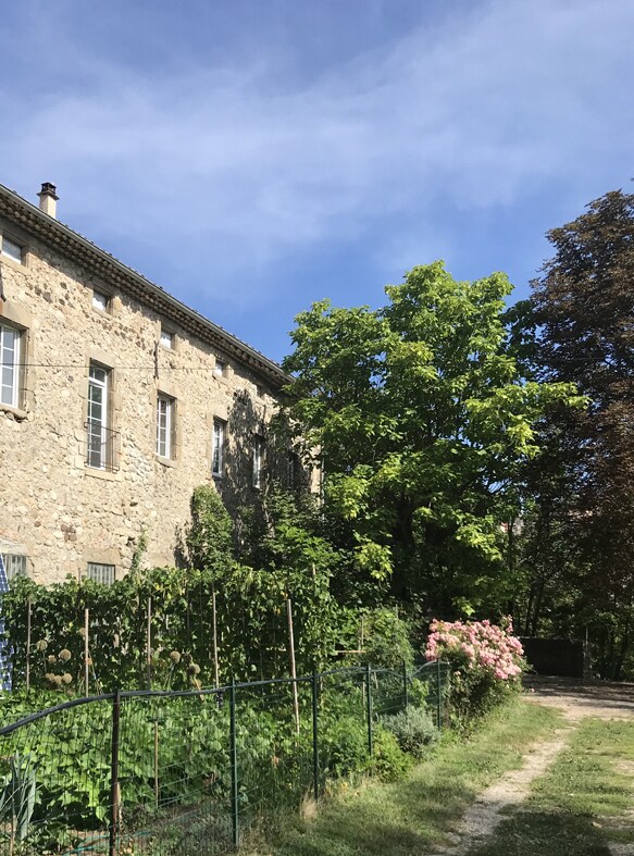 The exterior of a historic stone building is visible, featuring large windows and a lush garden filled with greenery. A pathway leads to the entrance, bordered by flowering plants and trees under a clear blue sky.