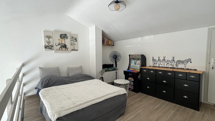 Sofa bed BZ convertible. Arcade kiosk, reading nook with novels and comics, fan, storage chest, TV, board games.