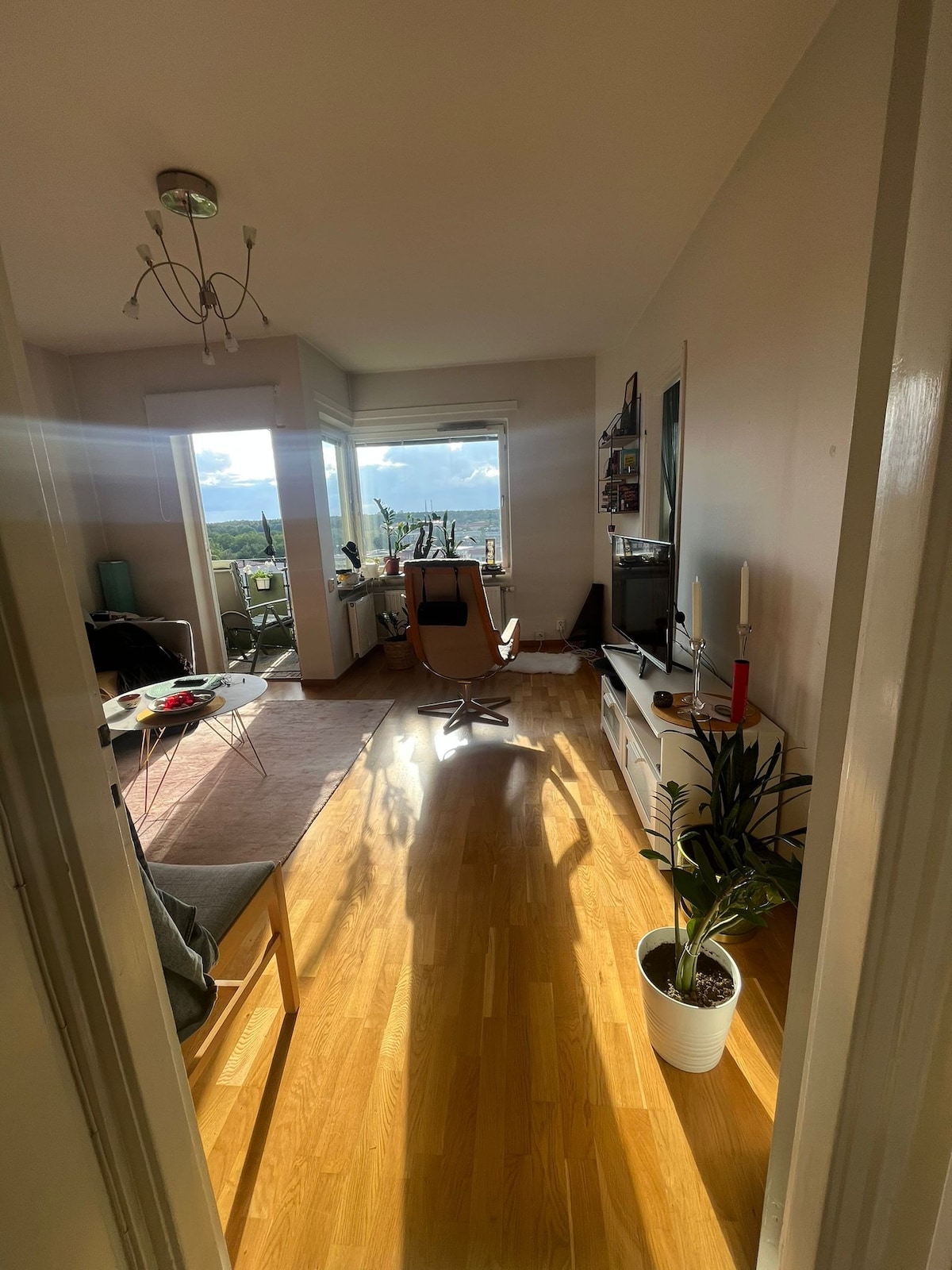 A bright living space is observed from the entrance, featuring wooden flooring with a small area rug. A spacious chair is positioned near a window, allowing natural light to fill the room. A television and small furnishings complete the cozy environment.