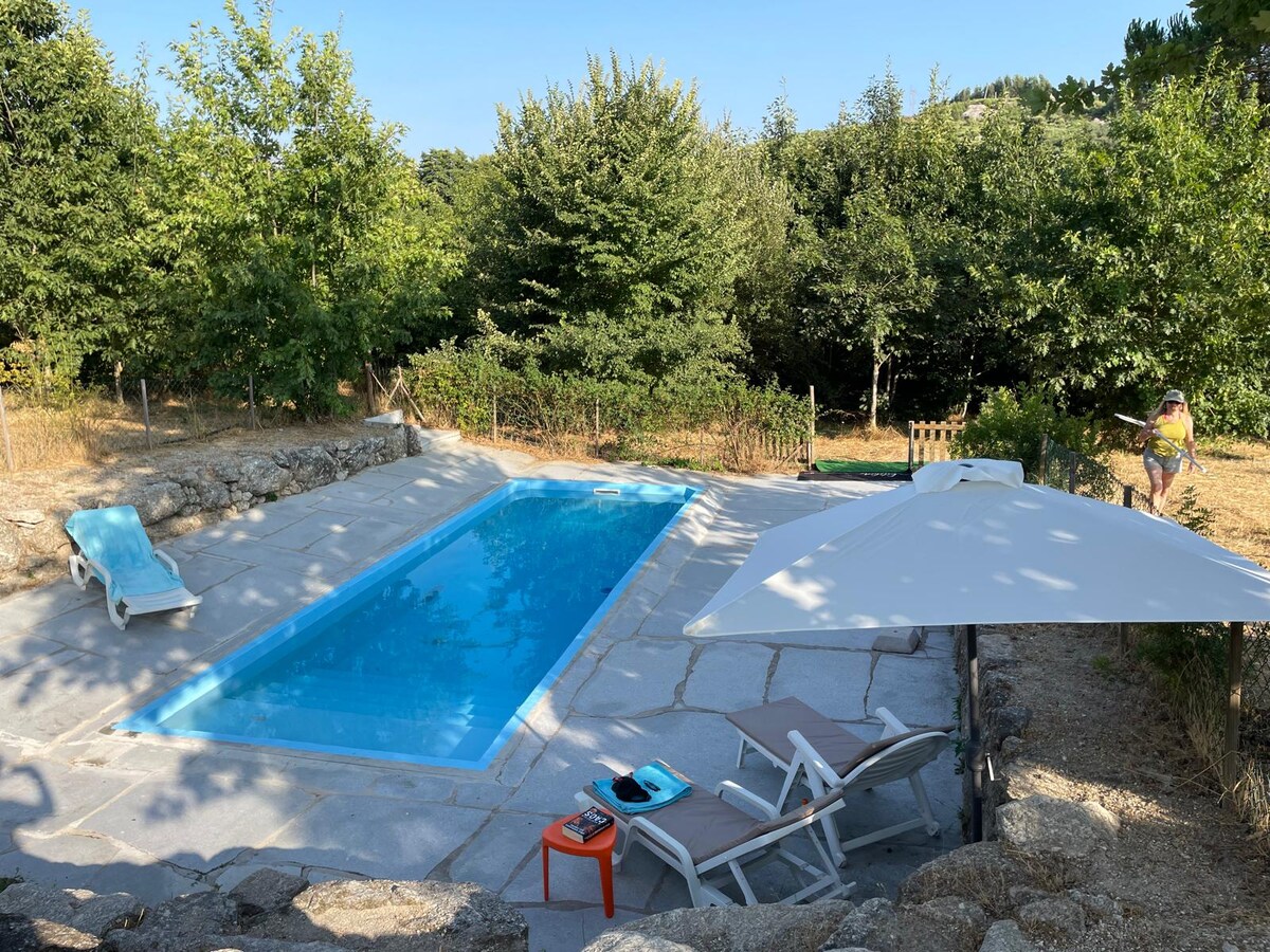 A private swimming pool is surrounded by a stone patio, offering a space for relaxation. Sun loungers sit at one side, with a shaded area provided by an umbrella. Lush greenery and trees create a natural backdrop, enhancing the serene outdoor setting.