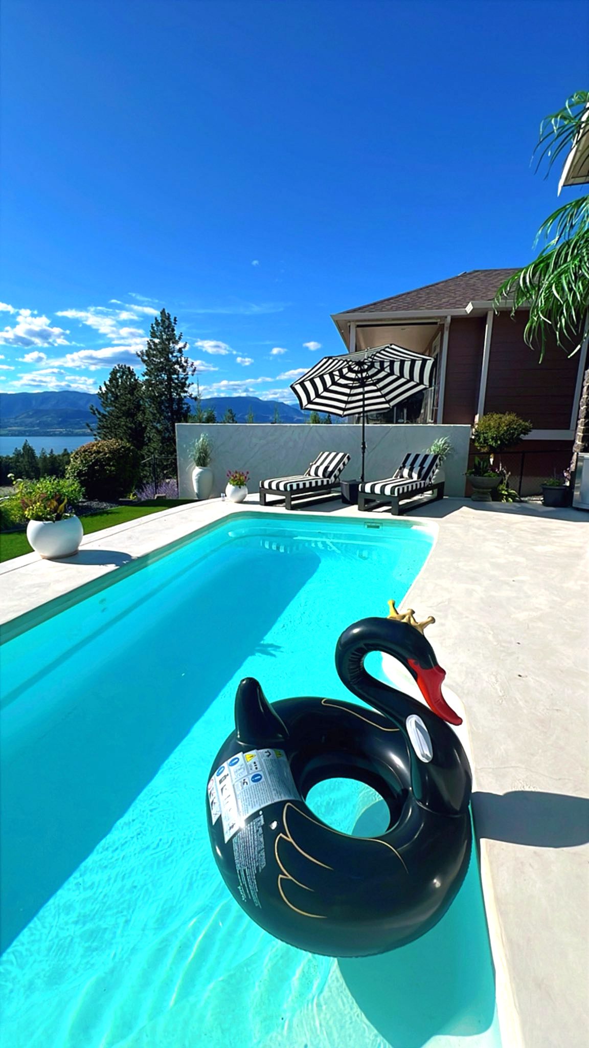 A sleek saltwater pool is framed by a clean, modern patio with a black swan float positioned nearby. Stylish black and white striped lounge chairs are seen under a large umbrella, set against a backdrop of expansive lake and mountain views, with a clear blue sky above.