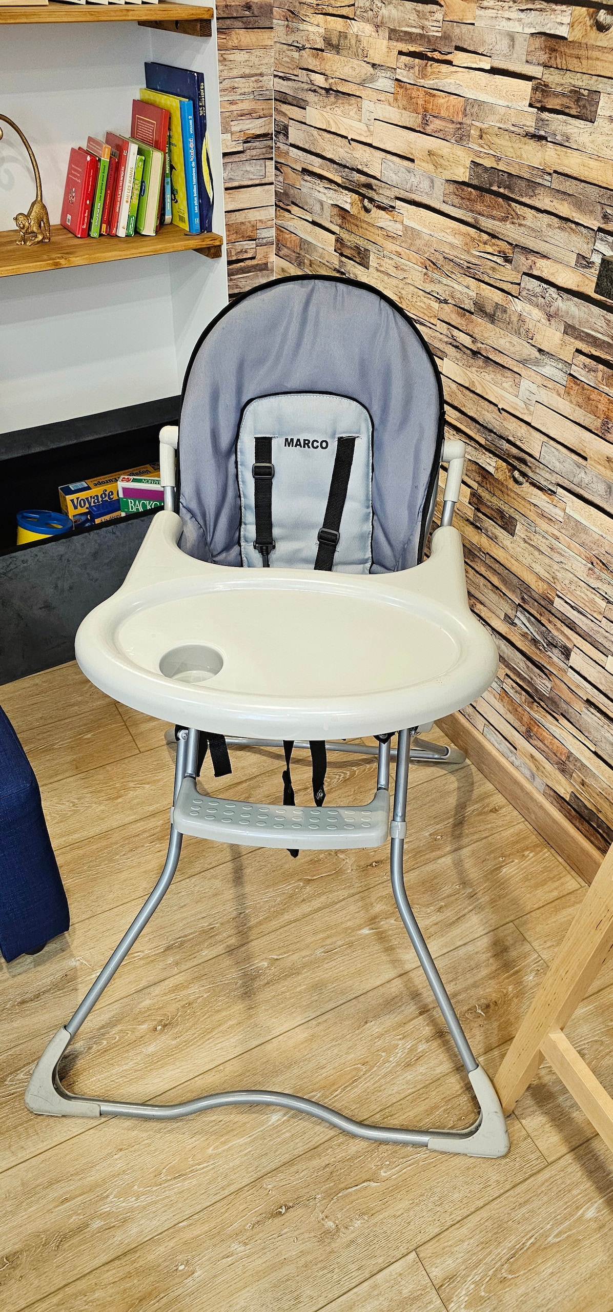 A high chair is positioned in a corner of the room, featuring a beige seat and a sturdy silver frame. The background is decorated with textured wood paneling, and a bookshelf filled with colorful books is visible nearby.