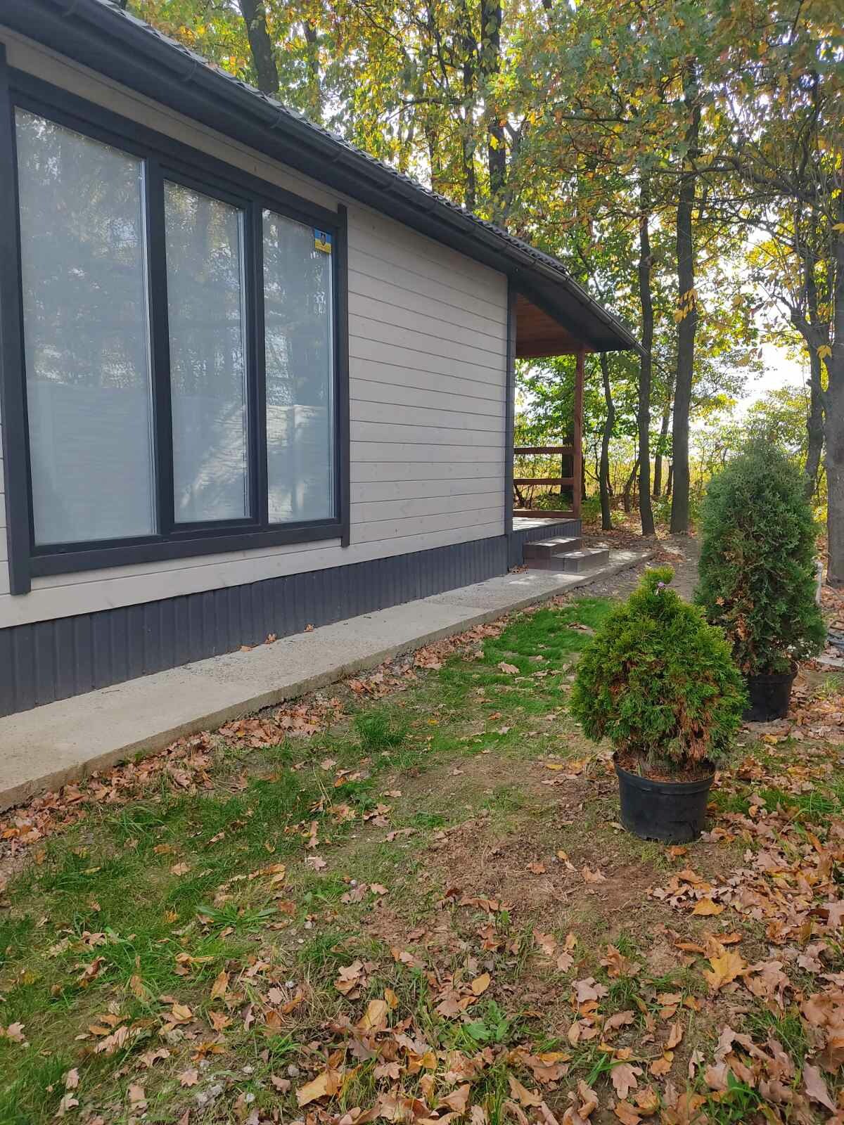 A side view of the house showcases large windows that allow natural light to fill the interior. A small pathway leads to a wooden deck amidst a backdrop of trees. Potted plants are arranged along the grass, contributing to a serene outdoor setting.