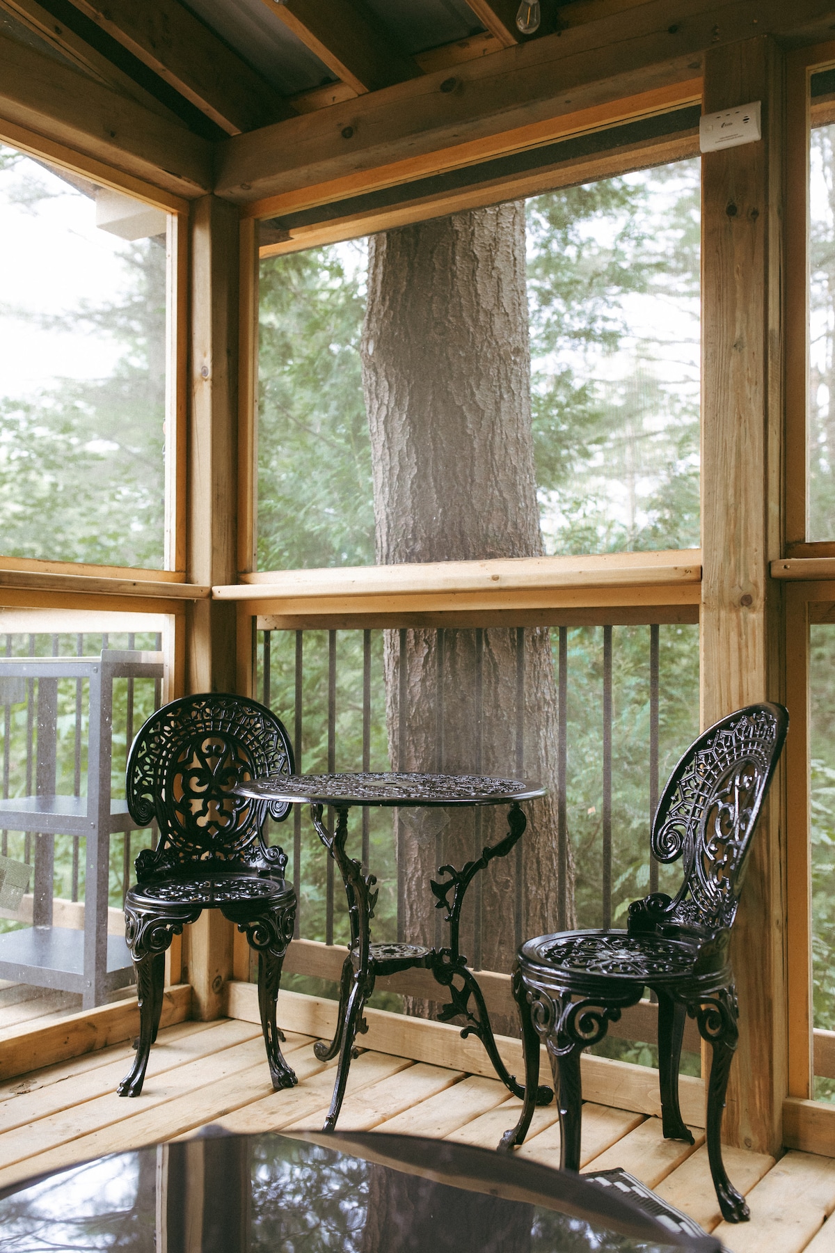A small screened-in seating area is featured with two ornate black metal chairs and a matching table. Natural light filters through the surrounding trees, creating a peaceful ambiance. The wooden flooring adds warmth to the space, providing an inviting spot for relaxation.