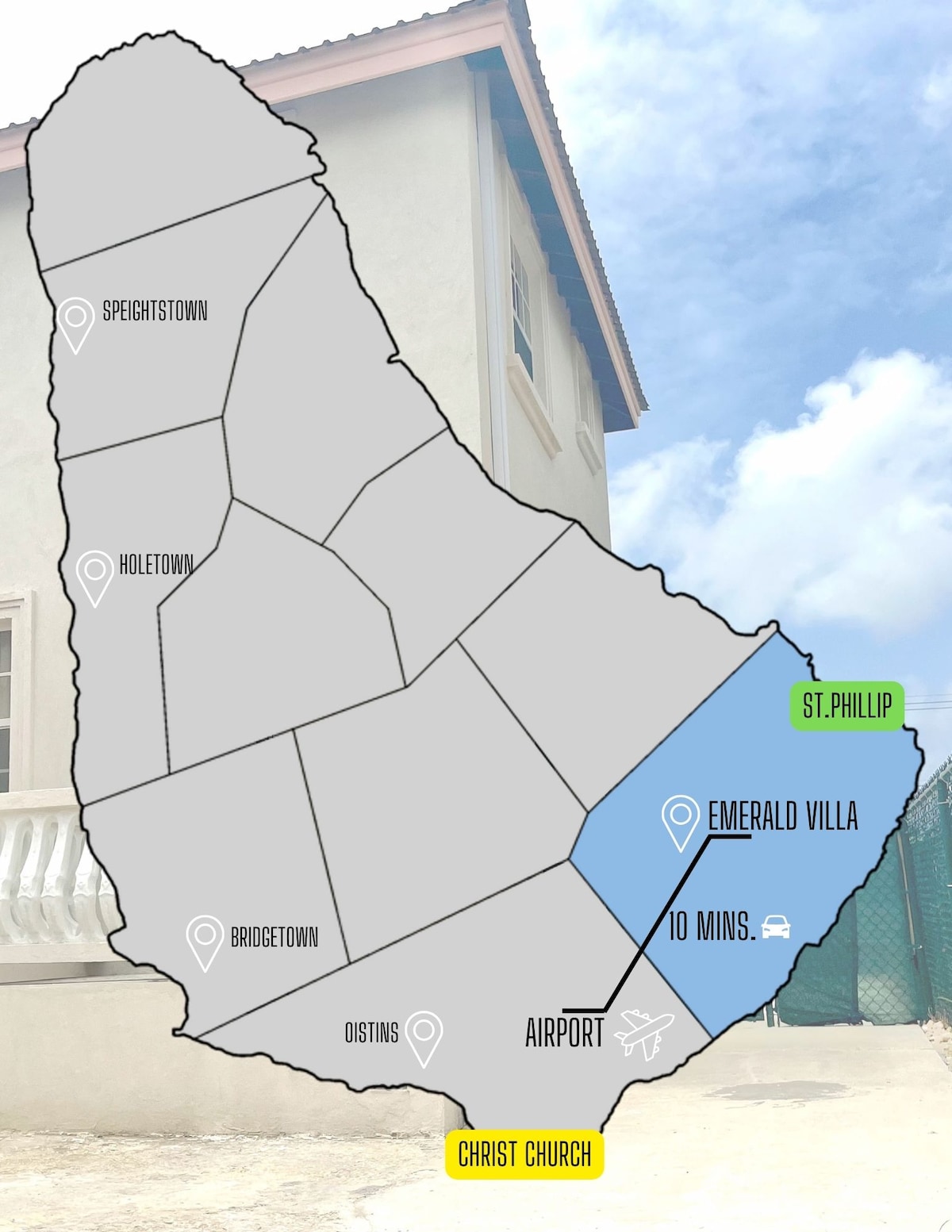 A map of Barbados is displayed, highlighting the location of Emerald Villa in St. Phillip. The villa is marked in blue, with labels indicating its proximity to notable areas such as Christ Church and the airport, which is a 10-minute drive away.