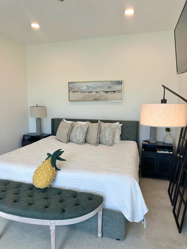 One of the two king bedrooms in the adorable cabana house off the pool. These two bedrooms, share a large bathroom with kitchenette and refrigerator.