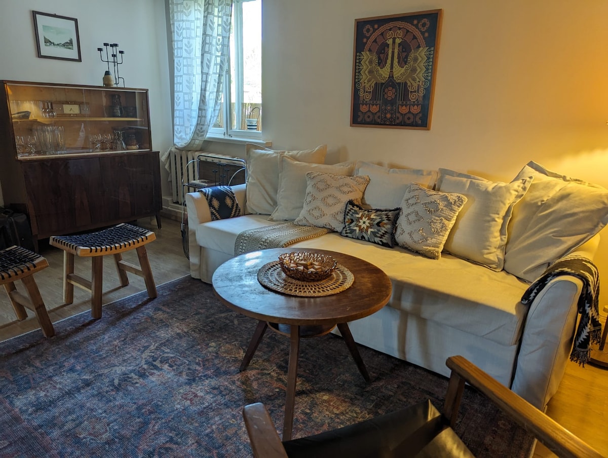A comfortable seating area is showcased, featuring a light-colored sofa adorned with decorative cushions. A round wooden coffee table sits at the center, accompanied by two woven stools. Natural light filters through a nearby window, enhancing the warm interior.