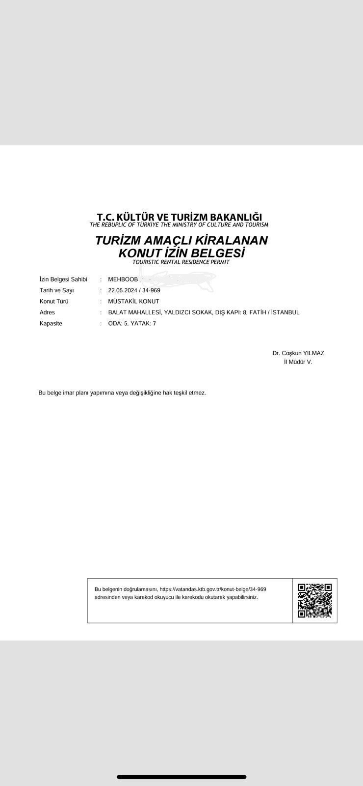 An official document is presented, outlining the rental license for tourism purposes. It features headings in Turkish, including the Ministry of Culture and Tourism header, and includes content related to legal requirements for the rental arrangement.