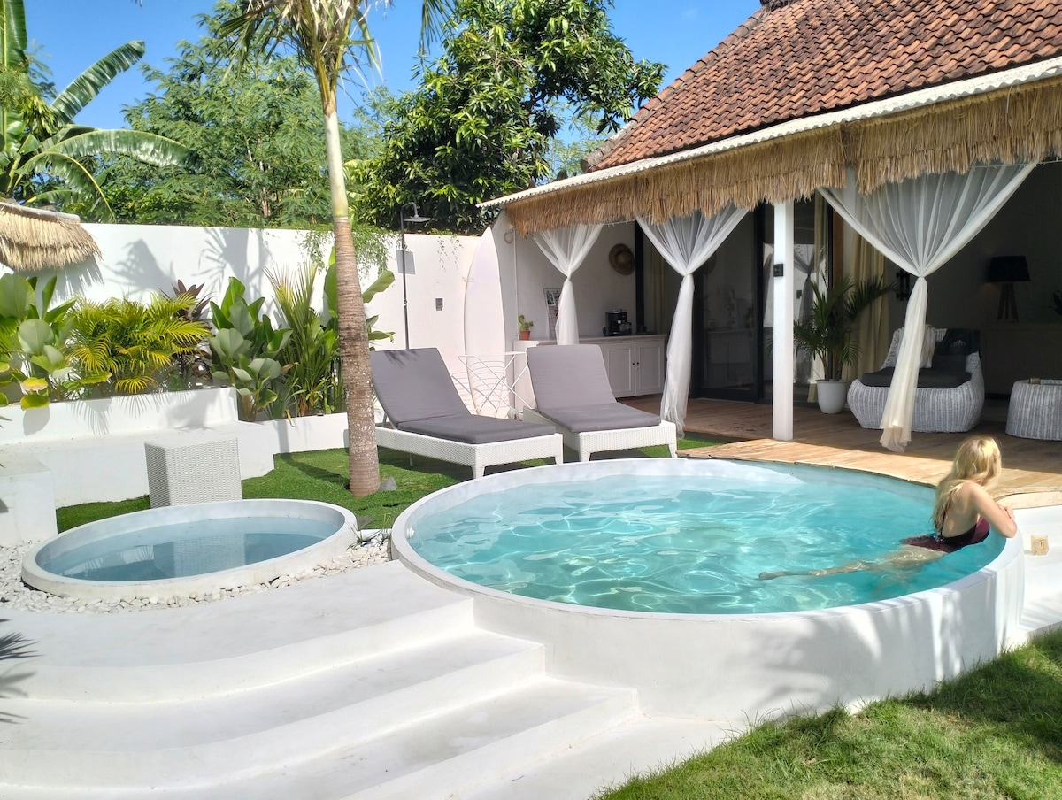 A sunlit outdoor area features a round plunge pool and a larger swimming pool. Two loungers are positioned beside the water, set against a backdrop of lush tropical landscaping and swaying palm trees. A cozy gazebo is visible in the background.