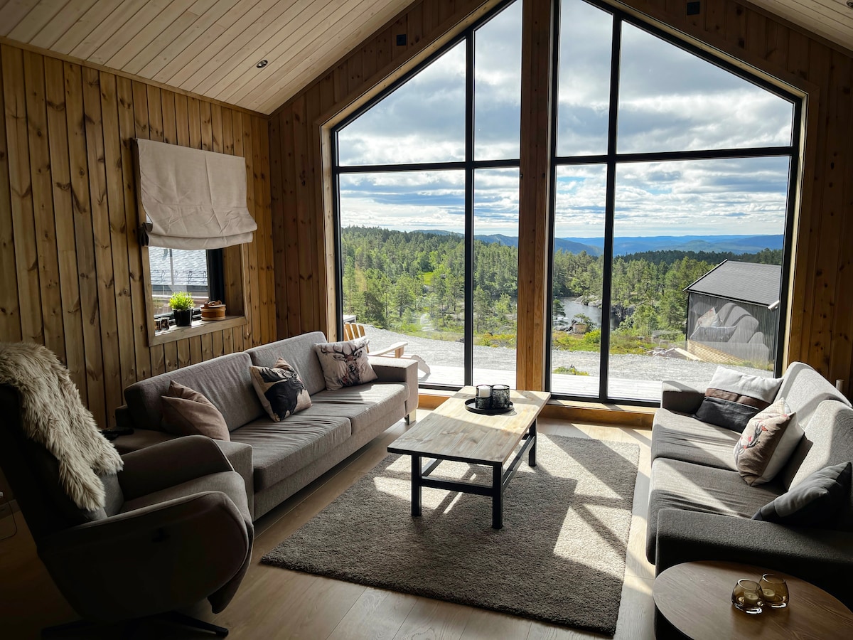 A cozy living area features large panoramic windows that frame the surrounding natural landscape. Two sofas and a comfortable chair are arranged around a central coffee table, with a soft rug underfoot. Light is reflected off wooden walls, enriching the serene atmosphere.