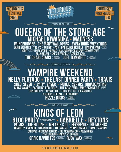 A festival lineup poster displays the names and performance dates of various artists and bands scheduled for the Victorious Festival 2025 in Portsmouth. The design includes colorful graphics and organized sections for each day, creating a clear overview of the event.