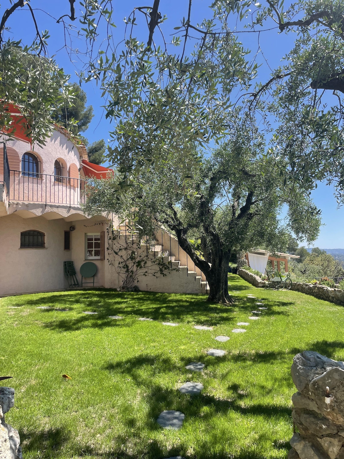 A grassy yard is set under a large olive tree, with sun-dappled light filtering through the branches. Stone stepping stones lead toward a staircase that ascends to the villa's upper level. The tranquil atmosphere is enhanced by the surrounding foliage.