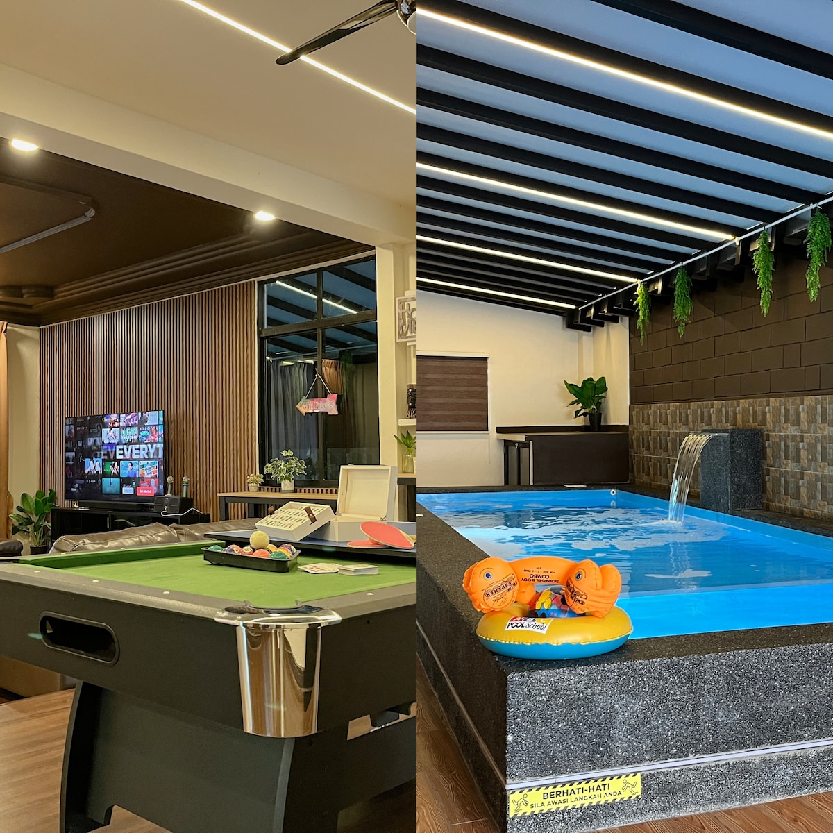 The image captures a recreational area showcasing a billiard table and a cozy seating space with a television. Adjacent to this, an indoor private pool features a small waterfall, along with colorful pool floaties resting on the water's surface.