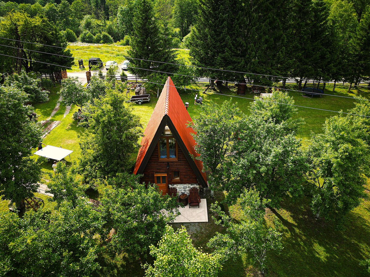 A charming A-frame cabin is surrounded by lush greenery and trees, with a well-maintained grassy area visible. A patio is situated at the front, featuring seating arrangements for relaxation. The cabin's distinctive red roof contrasts with the natural landscape, offering a serene atmosphere.