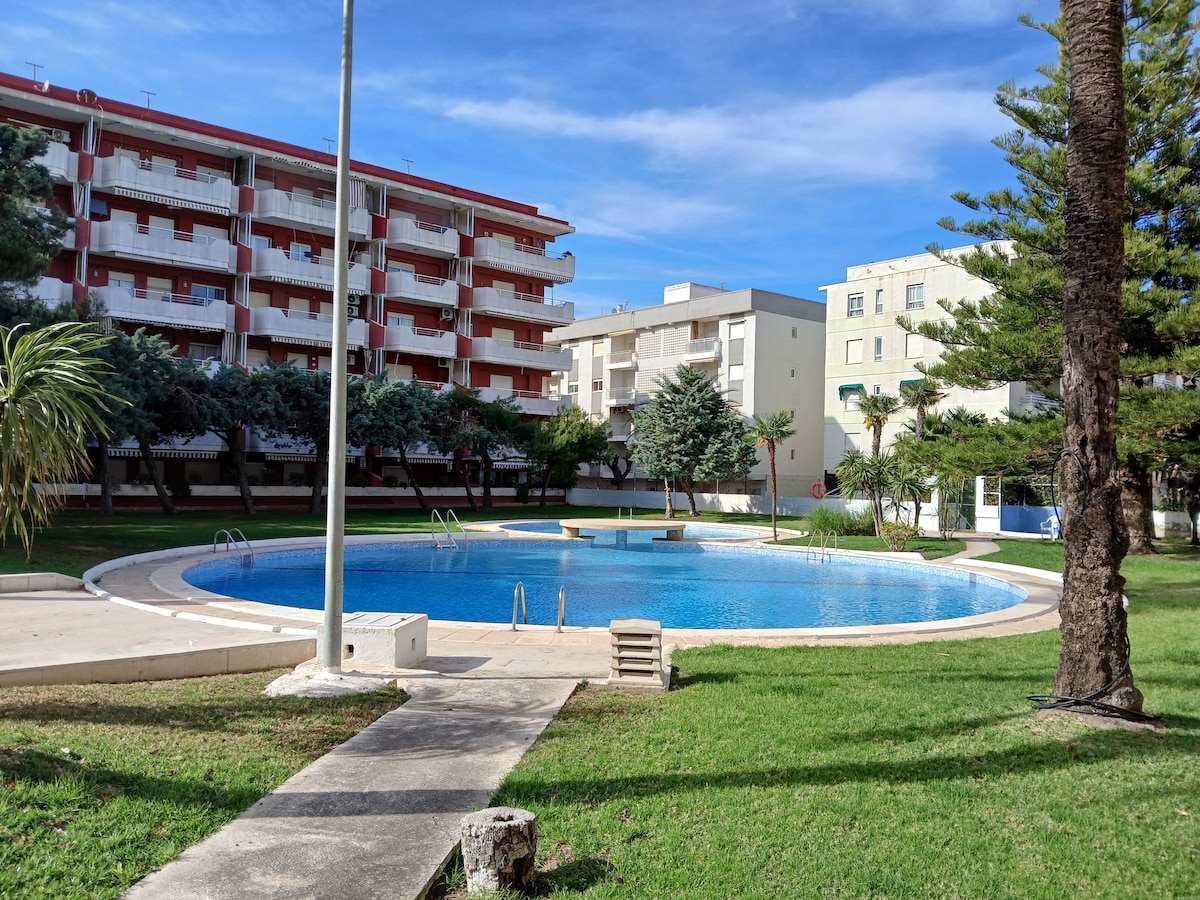 A community swimming pool is surrounded by well-maintained gardens and palm trees. Sun loungers line the pool area, which is partially shaded by surrounding buildings. A walkway leads from the grassy area to the pool, offering easy access for guests.