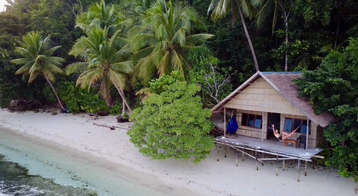 A beachfront cabin is nestled among tall palm trees, facing a serene sandy beach. The structure features a wooden deck, providing a space for relaxation, while calm waters lapping at the shore add to the tranquil setting.