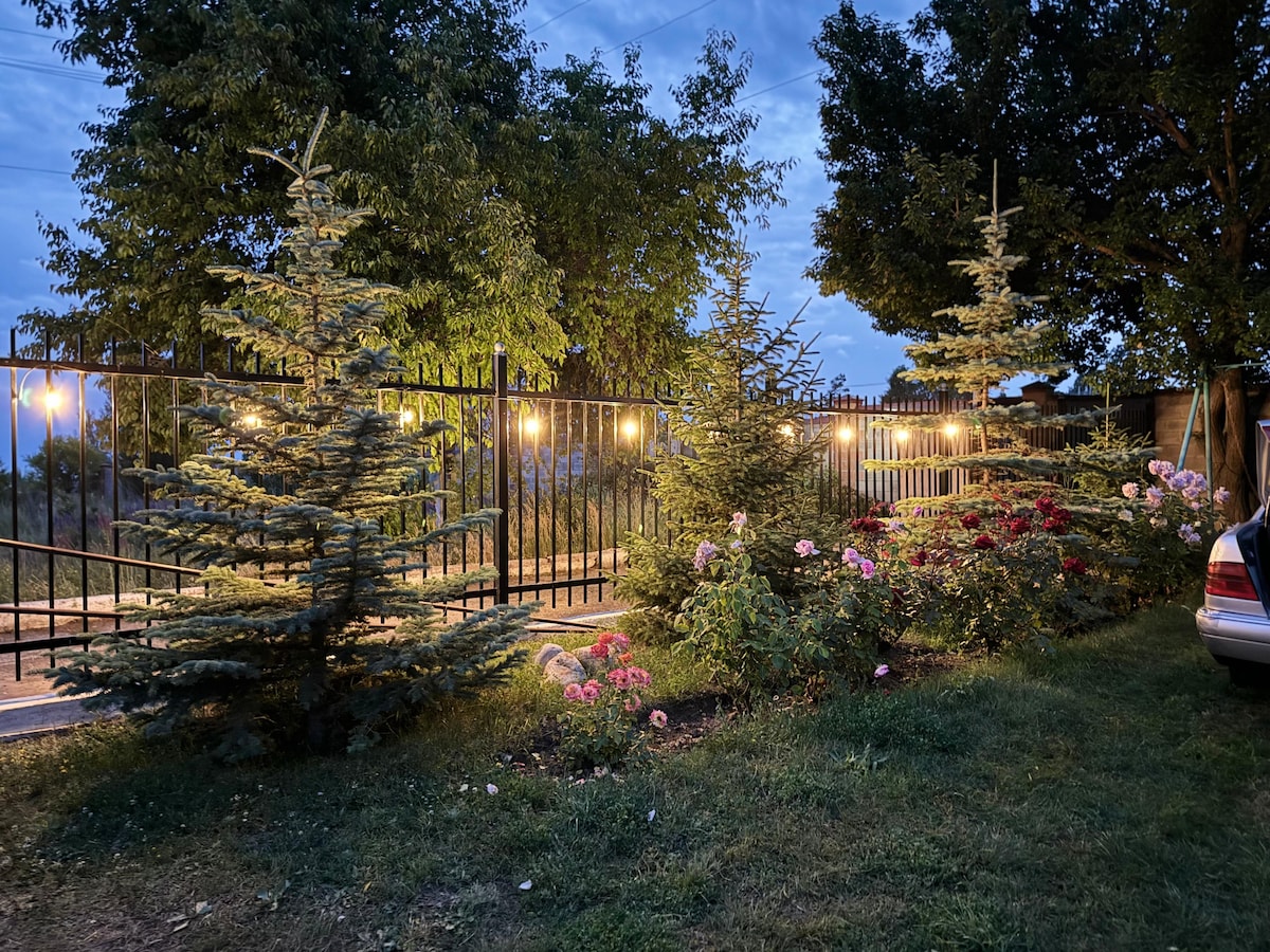A well-maintained garden features neatly trimmed evergreen trees and vibrant rose bushes, illuminated by soft outdoor lighting. A fence surrounds the area, while a car is parked nearby. The scene is set against a clear evening sky, creating a serene ambiance.