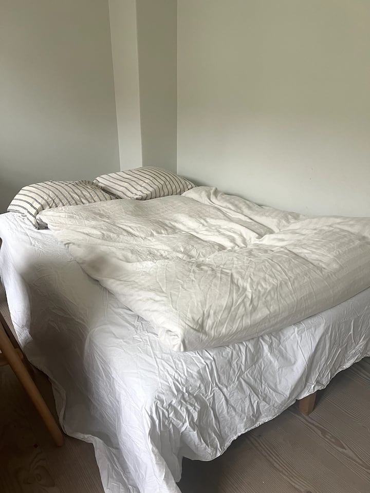 เตียงนอนกลางวันแบบดึงออกที่เปลี่ยนเป็นเตียงคู่สำหรับ 2 คน ตั้งอยู่ในห้องนอน/พื้นที่ทำงานรวมกัน