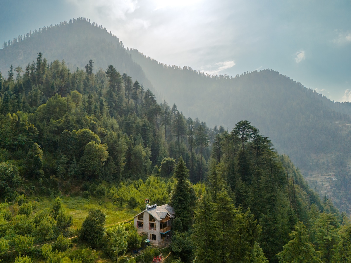 A duplex cottage is nestled among lush green hills, surrounded by dense pine forests and vibrant foliage. The structure blends harmoniously with the natural landscape, while soft sunlight filters through the clouds, reflecting off the mountain backdrop.