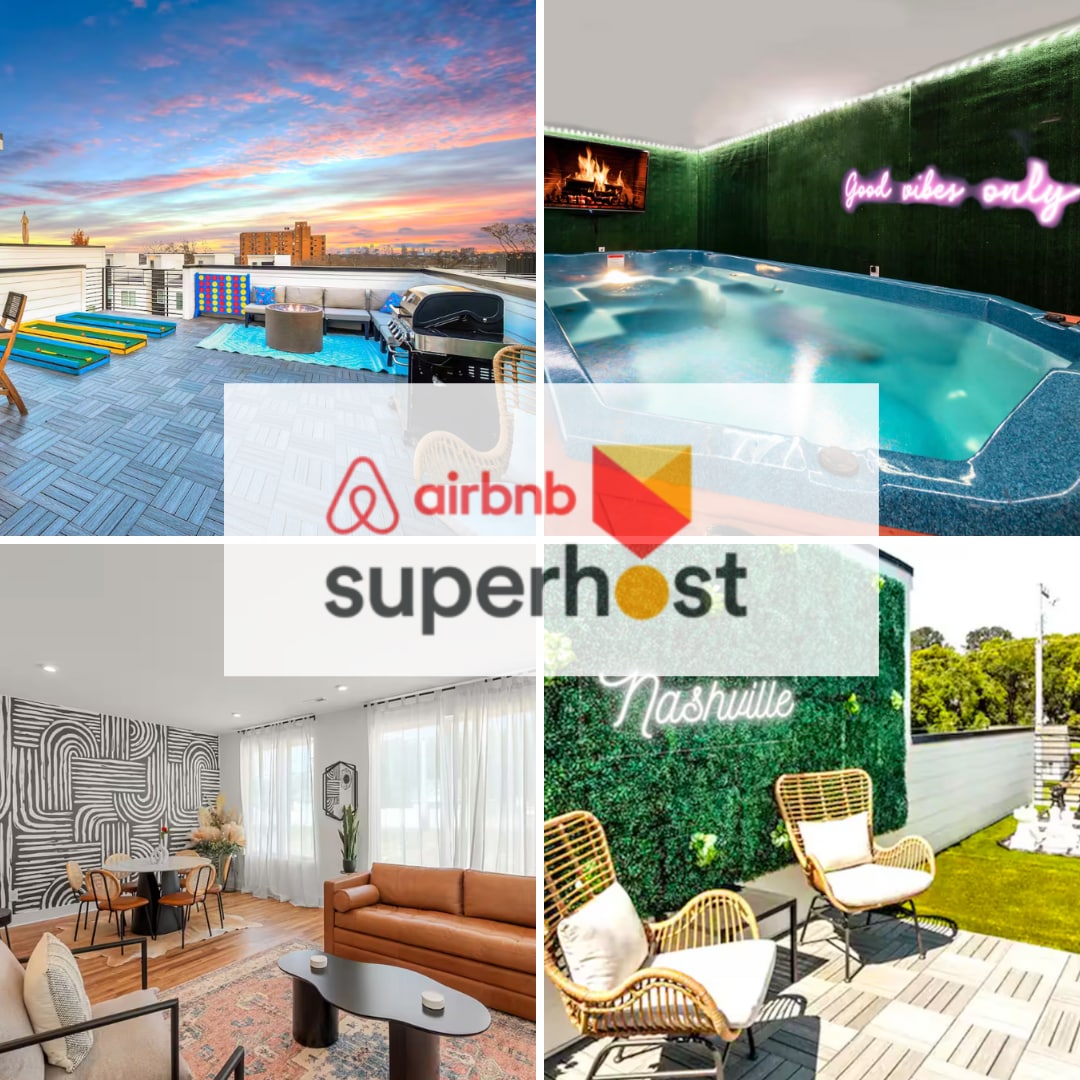 A rooftop deck is furnished with lounge chairs and colorful mini golf, offering expansive city views. The heated indoor pool is surrounded by modern green wall features and includes spa jets. The living room is highlighted by a stylish design with plush seating and natural light.