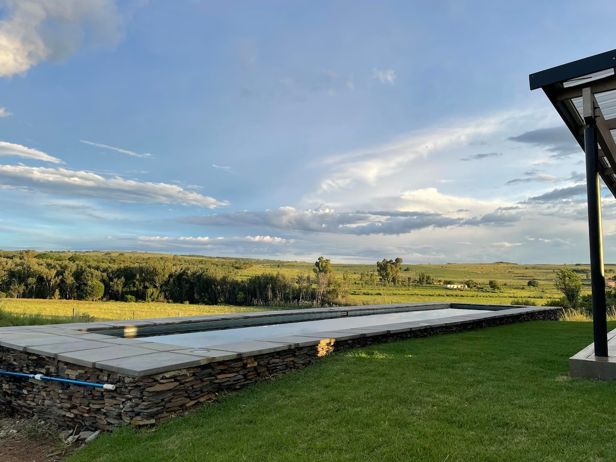 A natural saltwater pool is set against a backdrop of rolling hills, framed by lush greenery. The pool features a smooth stone border and a wide concrete deck perfect for lounging, with expansive sky views in the background.