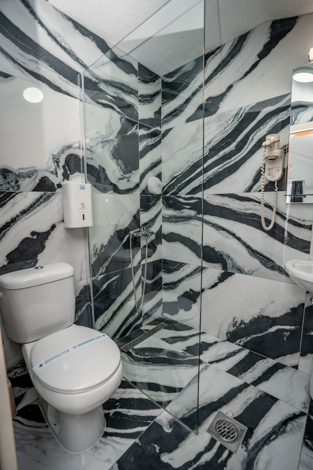 A modern bathroom is displayed, featuring a sleek glass shower enclosure with striking black and white marble walls. A white toilet is positioned beside a small sink with a mirror above, reflecting the contemporary design.