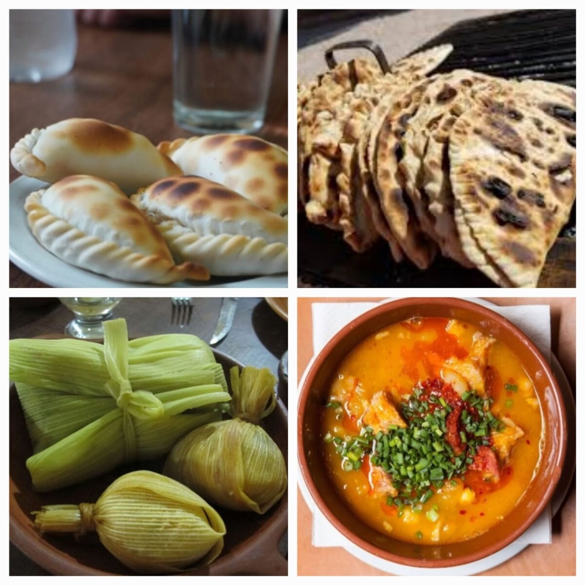 A variety of traditional dishes is displayed. The top left showcases golden-brown empanadas, while the top right features charred flatbreads on a grill. The bottom left presents wrapped tamales in green husks, and the bottom right features a hearty stew garnished with green onions and red peppers.