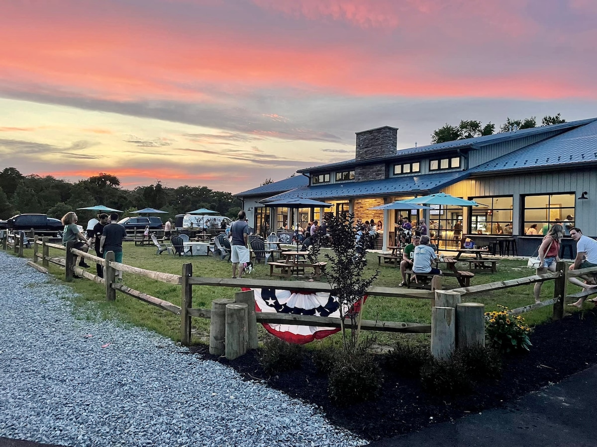 A spacious outdoor setting is depicted, featuring picnic tables arranged on a grassy area. Guests are gathered, enjoying the ambiance during sunset, with a colorful sky creating a serene backdrop. An elegant building with large windows houses the gathering, surrounded by a rustic fence.