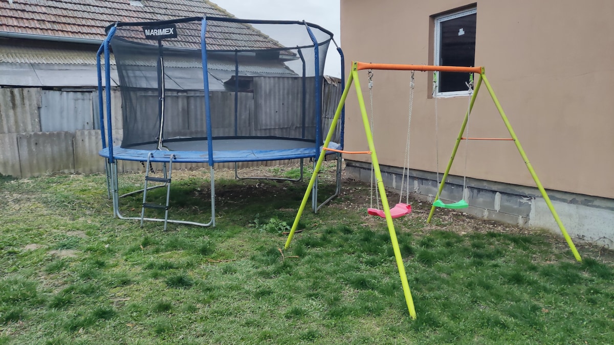 An outdoor yard is seen featuring a blue trampoline with a net enclosure and a set of swings with two pink seats. The grassy area is surrounded by a wooden fence and a beige house with a window.