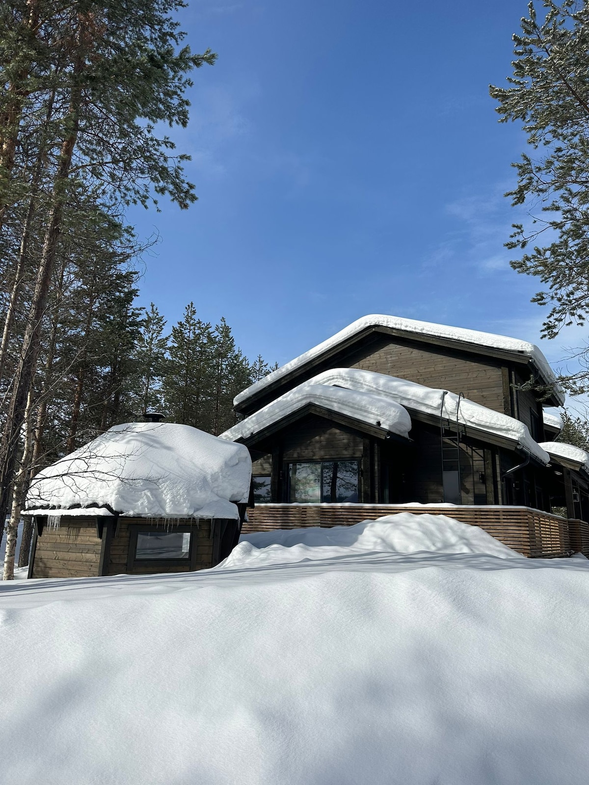 A modern duplex cabin is set in a snowy landscape, partially covered in deep snow. Tall pine trees surround the structure, and large windows reflect the clear blue sky. The cabin features a sloped roof, enhancing its contemporary design.
