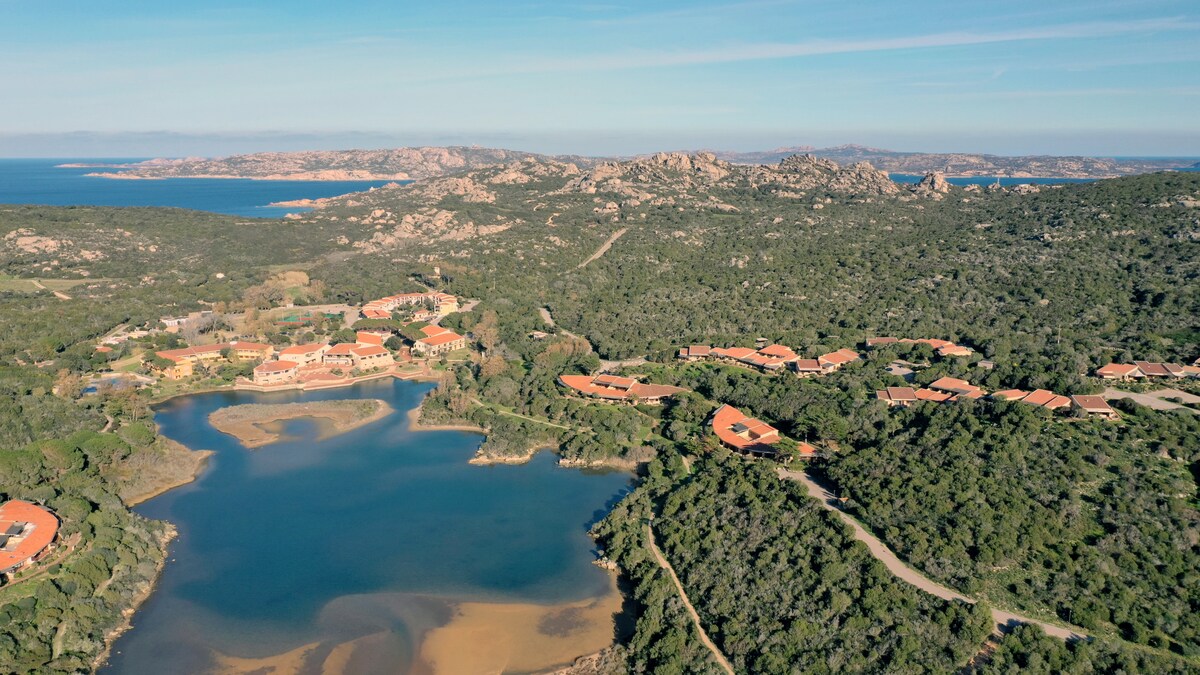 An aerial view captures the lush greenery and serene waters of Costa Serena. Red-tiled rooftops of buildings blend harmoniously into the natural surroundings, while the coastline and rocky formations stretch into the distance, suggesting a peaceful and inviting landscape.