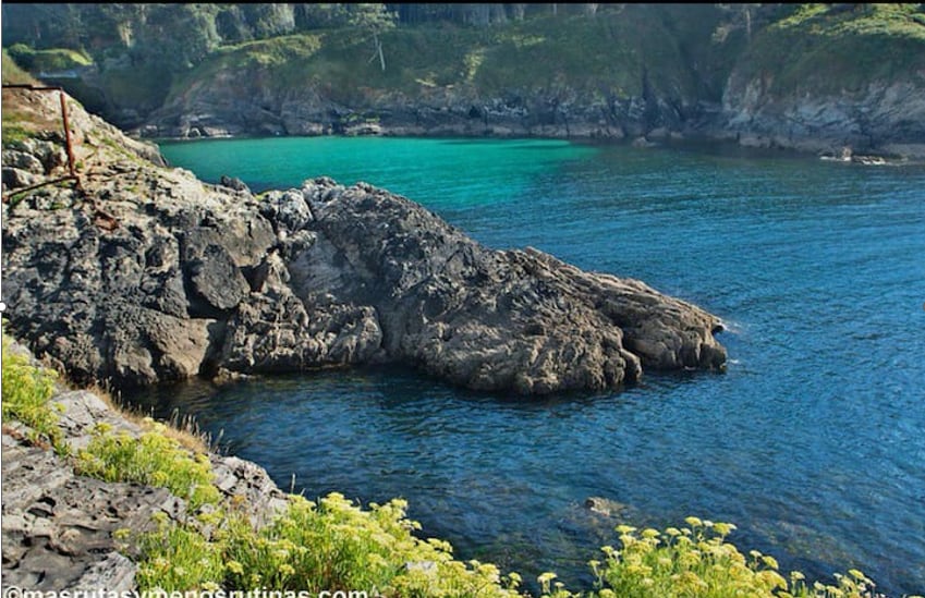 An inviting natural landscape is displayed, featuring rocky outcrops along the coastline. The crystal-clear turquoise waters gently lap against the shore, surrounded by vibrant greenery. This serene spot captures the essence of coastal tranquility in a protected ecological area.