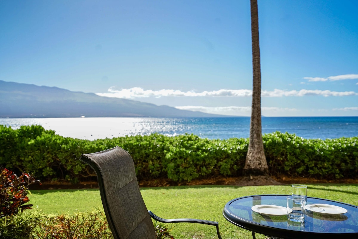 A scenic view of the ocean can be seen from a glass-top dining table on a grassy area. A single chair accompanies the table, with a distant palm tree and coastal mountains framing the background, enhancing the tranquil setting.