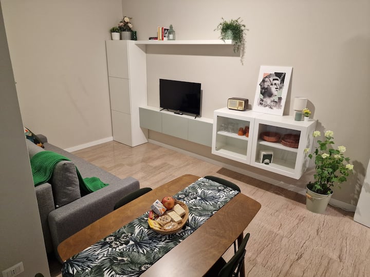 Pared equipada de la sala de estar con lo esencial para tus cenas: platos, vasos, servilletas, tazas... ¡incluso copas de vino! En el armario alto, escoba y trapeador si lo necesitas. También se acaba de comprar un nuevo televisor inteligente.