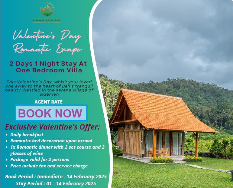 A charming one-bedroom villa is showcased against a backdrop of lush greenery. Its traditional architecture features a steeply pitched roof and wooden accents. The accompanying promotional text highlights a romantic stay package for Valentine's Day, emphasizing the serene surroundings of Sidemen.