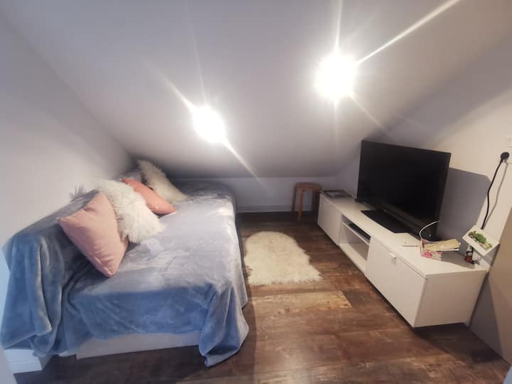 มุมทีวีพร้อมเตียงเดี่ยว 1 หลังซึ่งสามารถใช้เป็นที่นั่งแบบม้านั่งได้ 
พนักพิงเป็นที่นอนเสริมขนาด 180 ซม. x 80 ซม. และฐานรองนั่งอยู่ใต้เตียง 