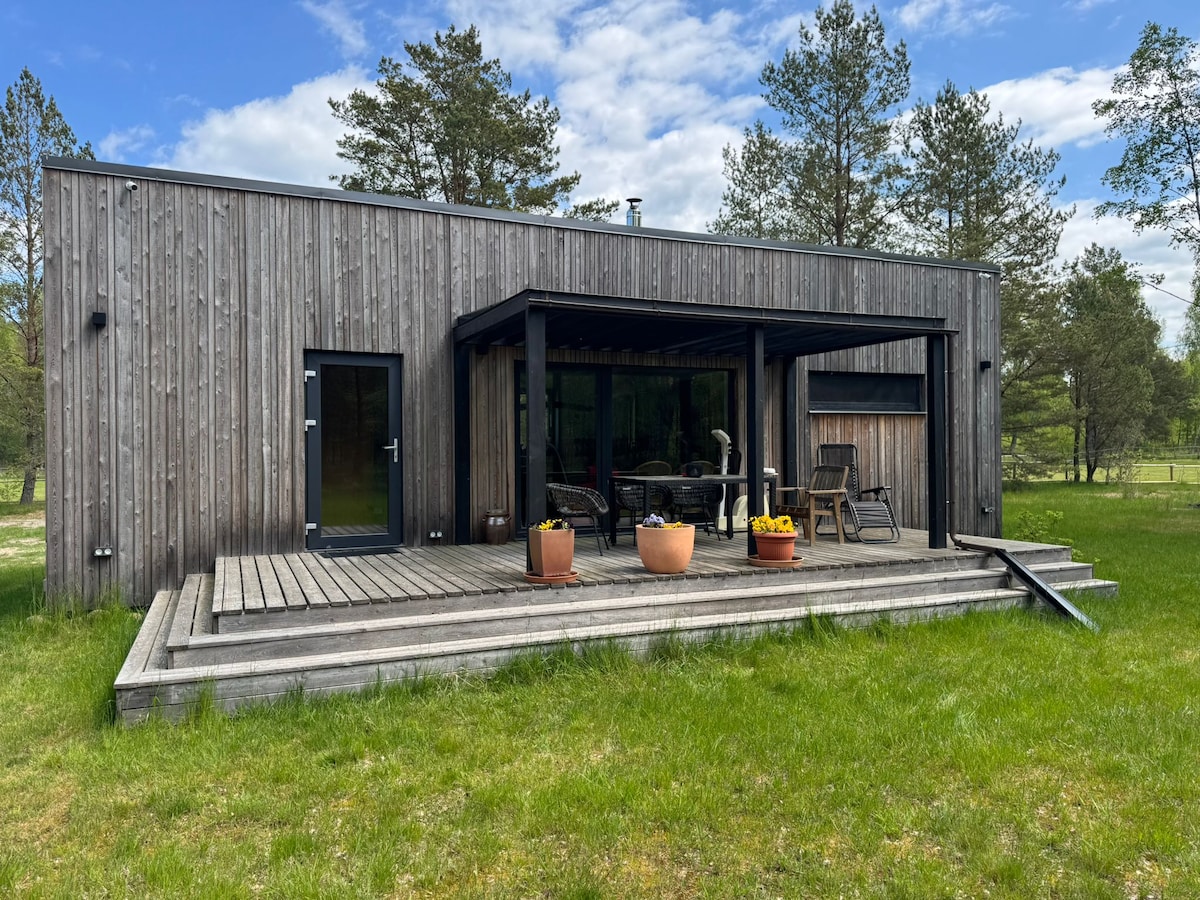 A modern wooden guesthouse features a spacious deck with a dining table and chairs, surrounded by potted plants. Large glass panels allow natural light to flow into the interior, while a grassy area extends around the home, offering a serene connection to nature.