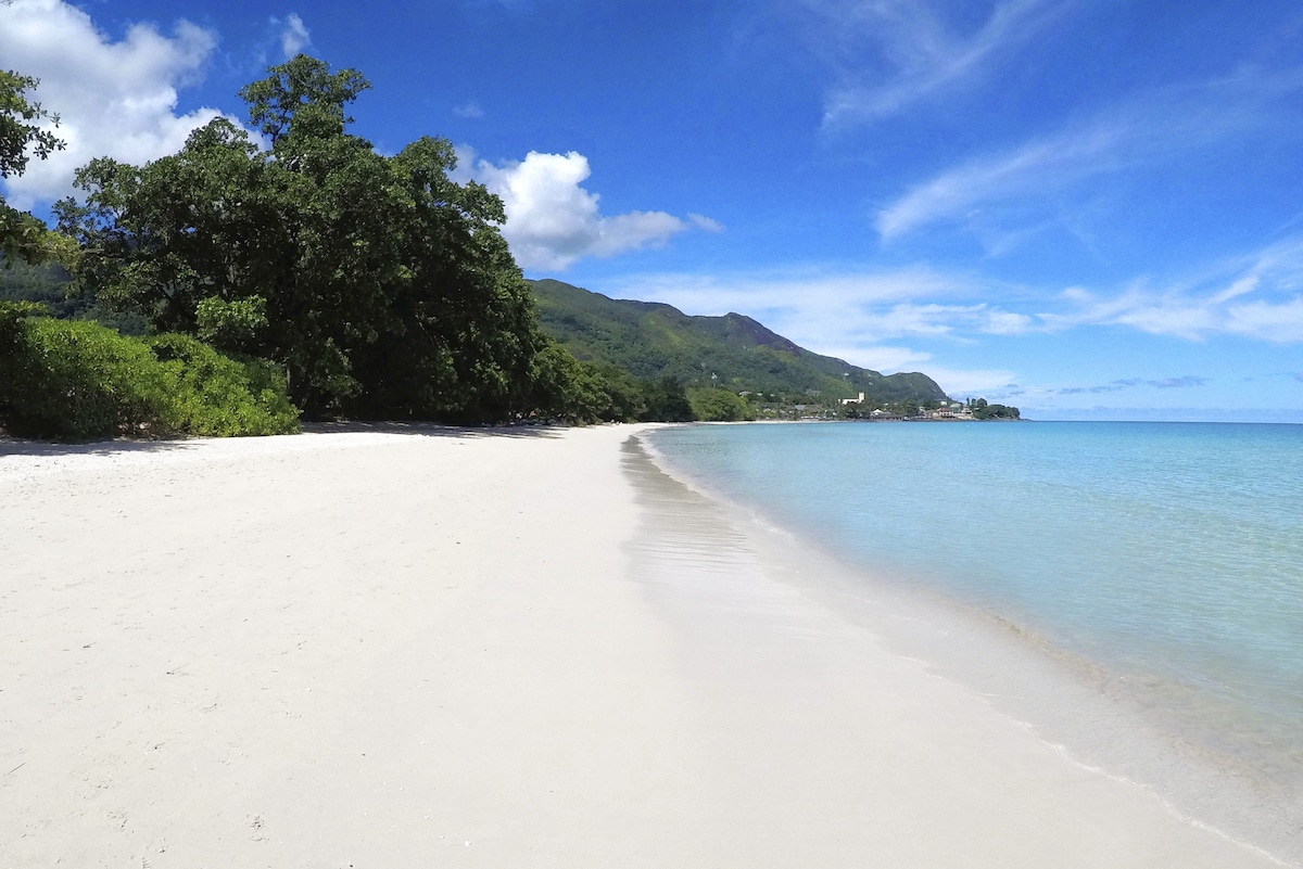 A wide expanse of white sand beach is presented, bordered by gentle waves lapping at the shore. Lush greenery and distant hills create a serene backdrop under a clear blue sky with scattered clouds, indicating a pleasant coastal environment.