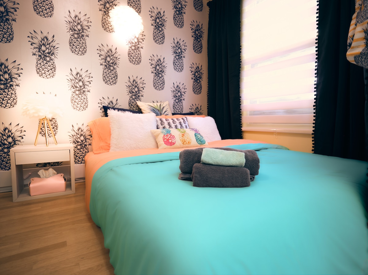 Luxurious Queen Bed, Double Topper, Black-Out Curtains