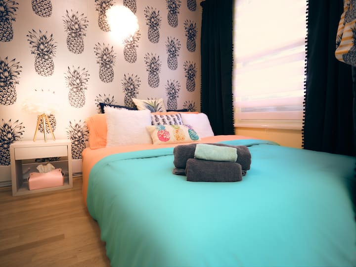 Luxurious Queen Bed, Double Topper, Black-Out Curtains