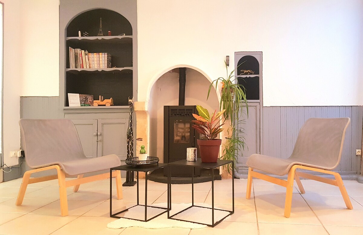 A cozy living area features two modern lounge chairs in light grey, positioned around a minimalist black coffee table. A small plant sits on the table, while a decorative shelf with books and a fireplace can be seen in the background, creating a relaxed indoor space.