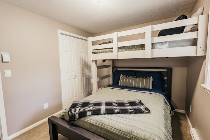 Second Bedroom. Very sturdy Twin over Double Bunk Bed w/ charging strips attached next to each headboard.  Full size closet & Mirror.